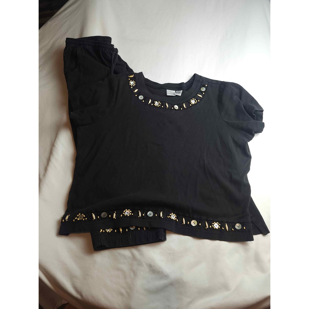 Chicos Black 100% Cotton 2 Piece Set Shell Bead Embellished Top Pants Size 22/24